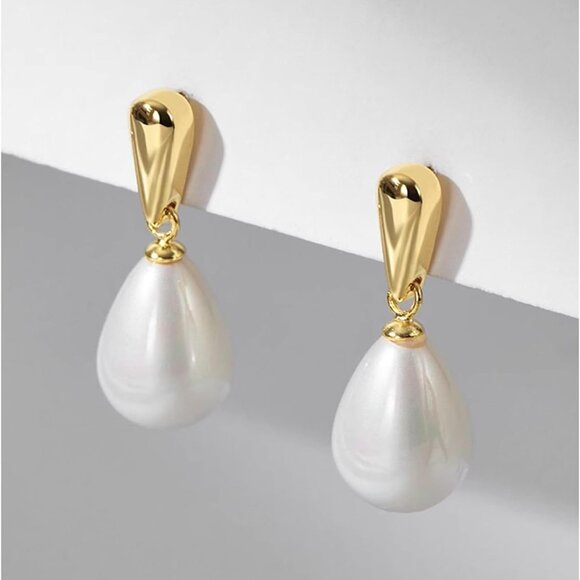 14k Gold Plated Pearl Earrings Lightweight Dangle Hoop Jewelry for Women - Picture 3 of 7